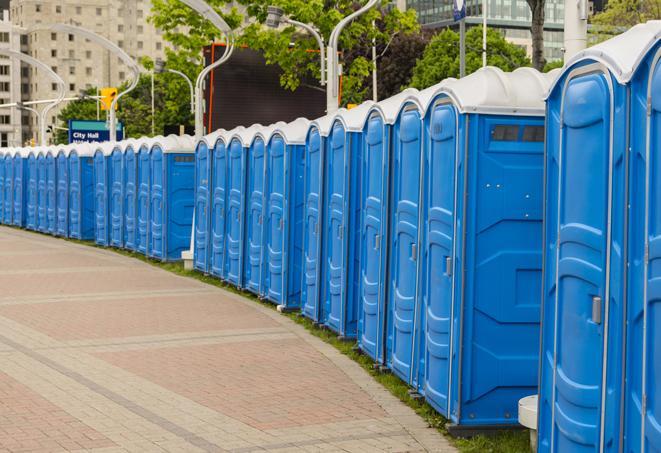 a line of portable restrooms specially designed for weddings and upscale events in Denton